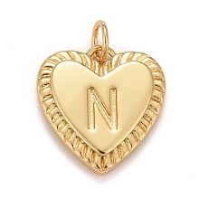 Honeyhandy Rack Plating Real 18K Gold Plated Brass Pendants, with Jump Rings, Long-Lasting Plated, Lead Free & Cadmium Free & Nickel Free, Heart with Letter A~Z, Letter.N, 16x15x2.5mm, Jump Ring: 5x0.5mm, 3mm Inner Diameter