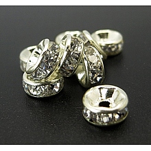 Honeyhandy Iron Rhinestone Spacer Beads, Grade A, Straight Edge, Rondelle, Platinum Color, Clear, Size: about 6mm in diameter, 3mm thick, hole: 1.5mm