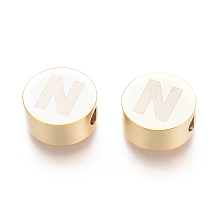 Honeyhandy 304 Stainless Steel Beads, Flat Round with Letter, Letter.N, 10x4.5mm, Hole: 2mm