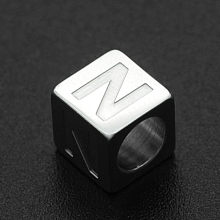 Honeyhandy 304 Stainless Steel European Beads, Large Hole Beads, Horizontal Hole, Cube, Stainless Steel Color, Letter.N, 7x7x7mm, Hole: 5mm