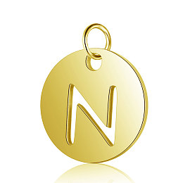 Honeyhandy Ion Plating(IP) 304 Stainless Steel Charms, Flat Round with Letter, Golden, Letter.N, 12x1mm, Hole: 2.5mm