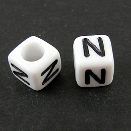 Honeyhandy Letter Acrylic European Beads, Horizontal Hole, Cube, Letter.N, 10x10x10mm, Hole: 3.5~4mm, about 598pcs/500g