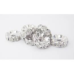 Honeyhandy Brass Rhinestone Spacer Beads, Grade A, Waves Edge, Rondelle, Platinum Color, Clear, Size: about 10mm in diameter, 4mm thick, hole: 2mm