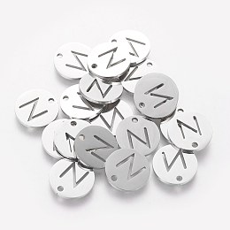 Honeyhandy 201 Stainless Steel Charms, Flat Round with Letter, Stainless Steel Color, Letter.N, 12x1mm, Hole: 1.5mm