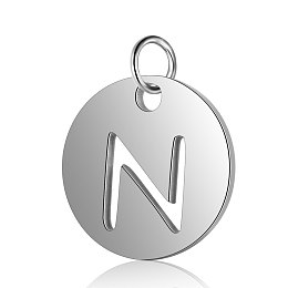 Honeyhandy 304 Stainless Steel Charms, Flat Round with Letter, Stainless Steel Color, Letter.N, 12x1mm, Hole: 2.5mm