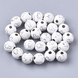 Honeyhandy Plating Acrylic Beads, Silver Metal Enlaced, Round with Cross, White, 8mm, Hole: 2mm, about 1800pcs/500g