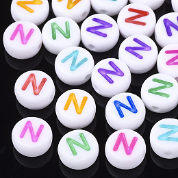 Honeyhandy Initial Acrylic Beads, Horizontal Hole, Flat Round, Mixed Color, Letter.N, 7x3.5~4mm, Hole: 1.2mm, about 370pcs/50g