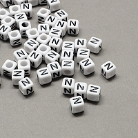 Honeyhandy Large Hole Acrylic Letter European Beads, Horizontal Hole, White & Black, Cube with Letter.N, 6x6x6mm, Hole: 4mm, about 2950pcs/500g