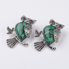 Honeyhandy Natural Malachite Pendants, with Alloy Finding, Owl, Antique Silver, 46.5x35.5x11.5mm, Hole: 6x8.5mm