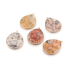 Honeyhandy Natural Crazy Agate Pendants, with Brass Findings, Teardrop, Golden, 41~41.5x32x2mm, Hole: 1.5mm