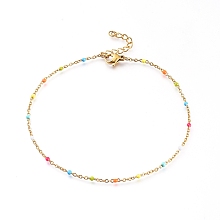 Honeyhandy 304 Stainless Steel Cable Chain Anklets, with Enamel Links, Golden, Colorful, 9 inch(23cm), 1.5~2mm