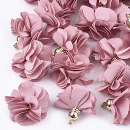 Honeyhandy Cloth Pendants, with CCB Plastic, 6-Petal, Flower, Golden, Flamingo, 26~27x17~28mm, Hole: 1.6mm