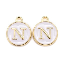 Honeyhandy Golden Plated Alloy Charms, Cadmium Free & Lead Free, with Enamel, Enamelled Sequins, Flat Round with Letter, White, Letter.N, 14x12x2mm, Hole: 1.5mm