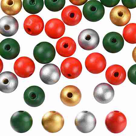 ARRICRAFT 160Pcs 4 Colors Christmas Painted Natural Wood Round Beads, for Christmas Bead Garlands Making, with Waterproof Vacuum Packing, Dark Green & Red & Goldenrod & Silver, 16mm, Hole: 4mm, 40pcs/Color