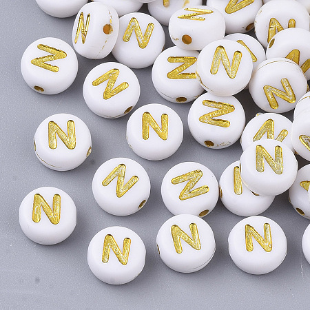 Honeyhandy Plating Acrylic Beads, Golden Metal Enlaced, Horizontal Hole, Flat Round with Alphabet, White, Letter.N, 7x3.5mm, Hole: 1.2mm, about 360pcs/50g
