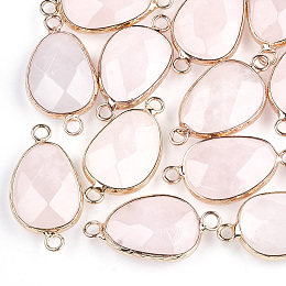 Honeyhandy Natural Rose Quartz Links connectors, with Brass Findings, Nickel Free, Faceted, teardrop, Golden, 27.5x14.5~15x6~6.5mm, Hole: 2mm