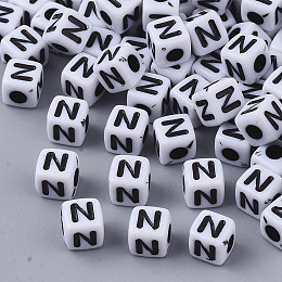 Honeyhandy White Opaque Acrylic Beads, Horizontal Hole, Cube with Black Alphabet, Letter.N, 4~5x4~5x4~5mm, Hole: 1.8mm, about 240pcs/20g