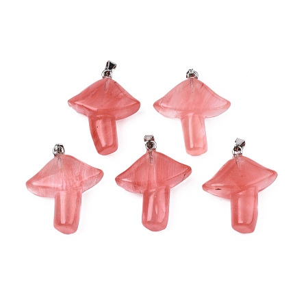 Cherry Quartz Glass Pendants, with Stainless Steel Snap On Bails, Mushroom, Stainless Steel Color, 27.5~28.5x23~25x9.5~10.5mm, Hole: 3x5mm