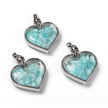 Honeyhandy Glass Bottle Pendants, with Natural Amazonite Chips and Platinum Plated Alloy Findings, Heart, 40x32.5x11mm, Hole: 8x5mm
