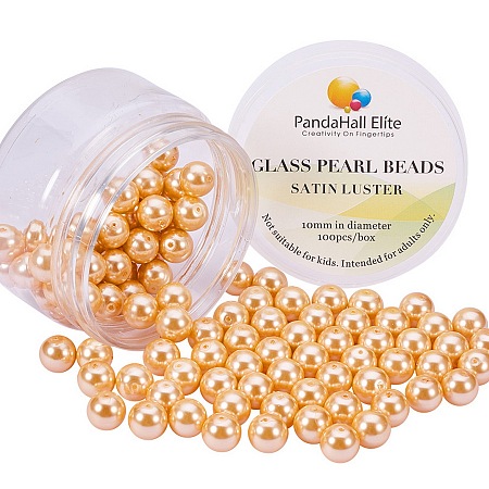 PandaHall Elite 10mm Anti-flash Orange Glass Pearl Tiny Satin Luster Round Loose Pearl Beads for Jewelry Making, about 100pcs/box