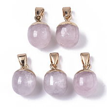 Honeyhandy Top Golden Plated Natural Rose Quartz Pendants, with Iron Snap on Bails & Loop, Barrel, 17~19x11.5~12.5mm, Hole: 4x6mm