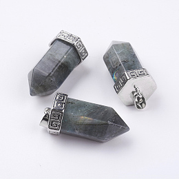 Honeyhandy Natural Labradorite Pointed Pendants, with Brass Finding, Bullet, Platinum, 39x18mm, Hole: 4.5x5.5mm