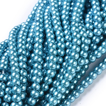 Environmental Dyed Glass Pearl Round Beads Strands, Cotton Cord Threaded, Deep Sky Blue, 3~3.5mm, Hole: 0.7~1.1mm; about 135pcs/strand, 15 inches