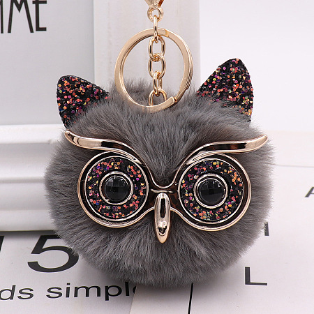 Honeyhandy Pom Pom Ball Keychain, with KC Gold Tone Plated Alloy Lobster Claw Clasps, Iron Key Ring and Chain, Owl, Gray, 12cm