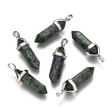 Honeyhandy Natural Ruby in Zoisite Double Terminated Pointed Pendants, with Random Alloy Pendant Hexagon Bead Cap Bails, Bullet, Platinum, 36~45x12mm, Hole: 3x5mm, Gemstone: 10mm in diameter