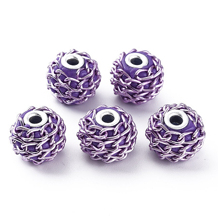 ARRICRAFT Handmade Indonesia Beads, with Aluminium Chains, Round, Silver, Blue Violet, 16.5~18x14~15mm, Hole: 3~3.5mm