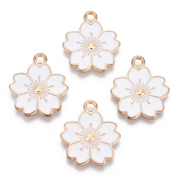 Honeyhandy Alloy Enamel Pendants, Sakura Flower, Light Gold, White, 20.5x17.5x1.5mm, Hole: 2mm