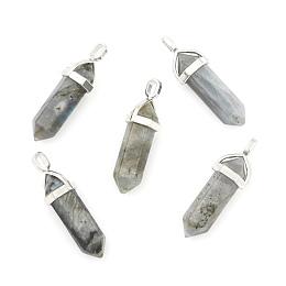 Honeyhandy Natural Labradorite Double Terminated Pointed Pendants, with Random Alloy Pendant Hexagon Bead Cap Bails, Bullet, Platinum, 37~40x12mm, Hole: 3mm