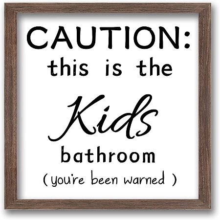 FINGERINSPIRE Kids Bathroom Picture Framed Signs-Caution:This is The Kids Bathroom You're Been Warned (7x7inch) Solid Wood Photo Frames with Acrylic Sheets & Canvas Liner Painting