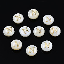 Honeyhandy Natural Freshwater Shell Beads, with Golden Plated Brass Etched Metal Embellishments, Flat Round with Letter, Seashell Color, Letter.N, 6x4mm, Hole: 0.8mm