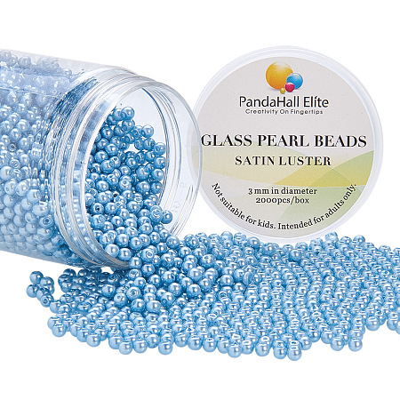 PandaHall Elite 3~3.5mm About 2000 Pcs Tiny Satin Luster Dyed Glass Pearl Round Loose Beads Assorted Lot for Jewelry Making Sky Blue