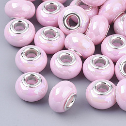 Honeyhandy Opaque Resin European Beads, Large Hole Beads, Imitation Porcelain, with Platinum Tone Brass Double Cores, AB Color, Rondelle, Pearl Pink, 14x9mm, Hole: 5mm