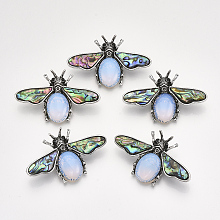 Honeyhandy Opalite Brooches/Pendants, with Rhinestone and Alloy Findings, Abalone Shell/Paua Shelland Resin Bottom, Bee, Antique Silver, 36x56.5x14mm, Hole: 7x4mm, Pin: 0.7mm