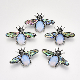 Honeyhandy Opalite Brooches/Pendants, with Rhinestone and Alloy Findings, Abalone Shell/Paua Shelland Resin Bottom, Bee, Antique Silver, 36x56.5x14mm, Hole: 7x4mm, Pin: 0.7mm