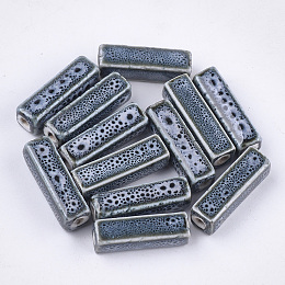 Honeyhandy Handmade Porcelain Beads, Fancy Antique Glazed Porcelain, Cuboid, Light Steel Blue, 23~29x7~10x7~10mm, Hole: 2.5~3mm