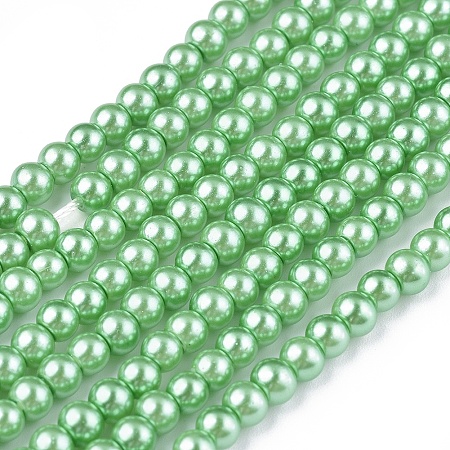 Environmental Dyed Glass Pearl Round Beads Strands, Cotton Cord Threaded, Spring Green, 3~3.5mm, Hole: 0.7~1.1mm; about 135pcs/strand, 15 inches