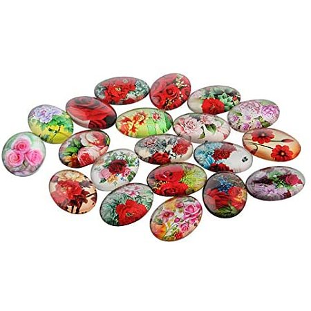 PH PandaHall 200pcs Multi-Color Flower Theme Ornaments Glass Oval Flatback Cabochons Mixed Color 18x13x4mm