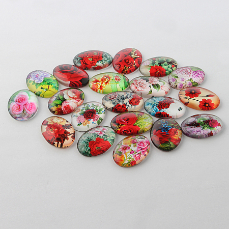 Honeyhandy Multi-Color Flower Theme Ornaments Glass Oval Flatback Cabochons, Mixed Color, 18x13x4mm