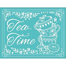 OLYCRAFT 2PCS Self-Adhesive Silk Screen Printing Stencil Reusable Pattern Stencils"Tea Time" for Painting on Wood Fabric T-Shirt Wall and Home Decorations-11x 8.5Inch