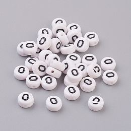 Honeyhandy Flat Round with Letter O Acrylic Beads, with Horizontal Hole, White & Black, Size: about 7mm in diameter, 4mm thick, hole: 1mm