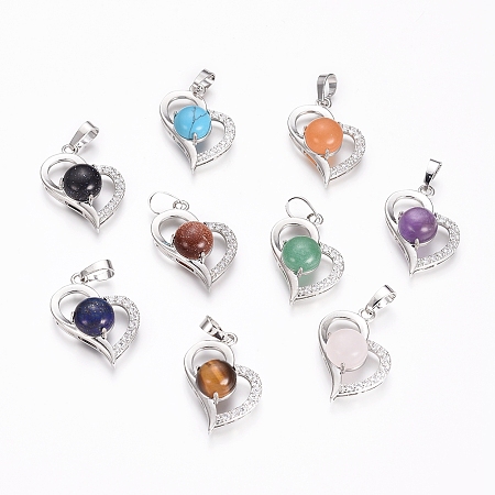 Honeyhandy Natural & Synthetic Mixed Gemstone Pendants, with Platinum Tone Brass Findings and Crystal Rhinestone, Heart, 29x21.5x9mm, Hole: 7x3.5mm