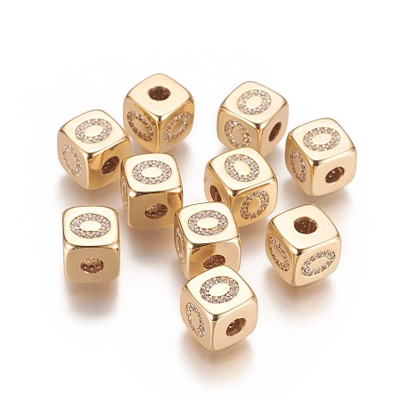 Honeyhandy Brass Micro Pave Cubic Zirconia Beads, Horizontal Hole, Real 18K Gold Plated, Long-Lasting Plated, Cube with Letter, Clear, Letter.O, 9x9x9mm, Hole: 3.5mm