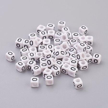 Honeyhandy Acrylic Horizontal Hole Letter Beads, Cube, White, Letter O, Size: about 6mm wide, 6mm long, 6mm high, hole: about 3.2mm, about 2600pcs/500g