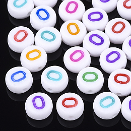 Honeyhandy Initial Acrylic Beads, Horizontal Hole, Flat Round, Mixed Color, Letter.O, 7x3.5~4mm, Hole: 1.2mm