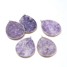 Honeyhandy Natural Lilac Jade Pendants, with Brass Findings, Teardrop, Golden, 41~41.5x32x2mm, Hole: 1.5mm