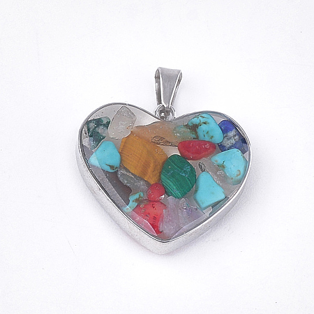 Honeyhandy Natural & Synthetic Mixed Stone Pendants, with Glass and 304 Stainless Steel Findings, Heart, Stainless Steel Color, 19x21x6mm, Hole: 3x5.5mm